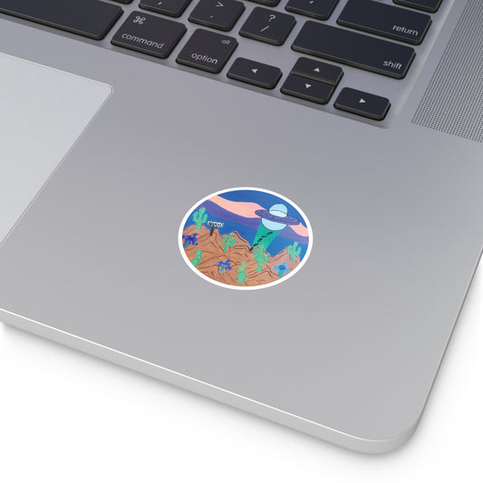 Alien UFO Desert Round Sticker — Retro Surreal Space Cactus Design (Indoor/Outdoor)