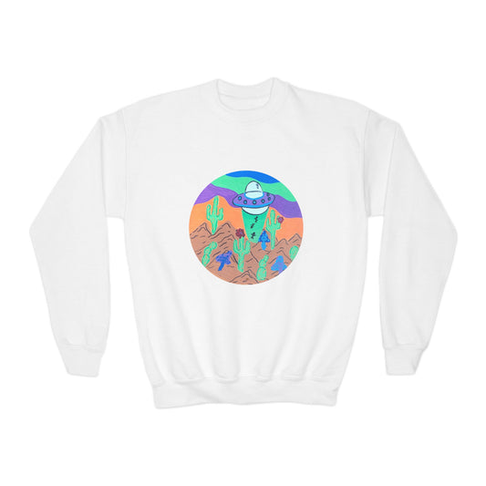 Alien Cactus Desert Youth Crewneck Sweatshirt — Colorful UFO Southwestern Graphic