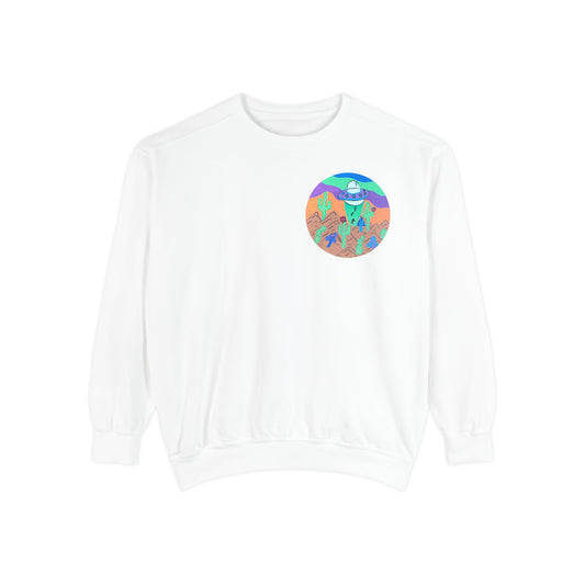 Retro Desert UFO Sweatshirt — Colorful Alien Abduction Crewneck
