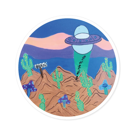 Alien UFO Desert Round Sticker — Retro Surreal Space Cactus Design (Indoor/Outdoor)