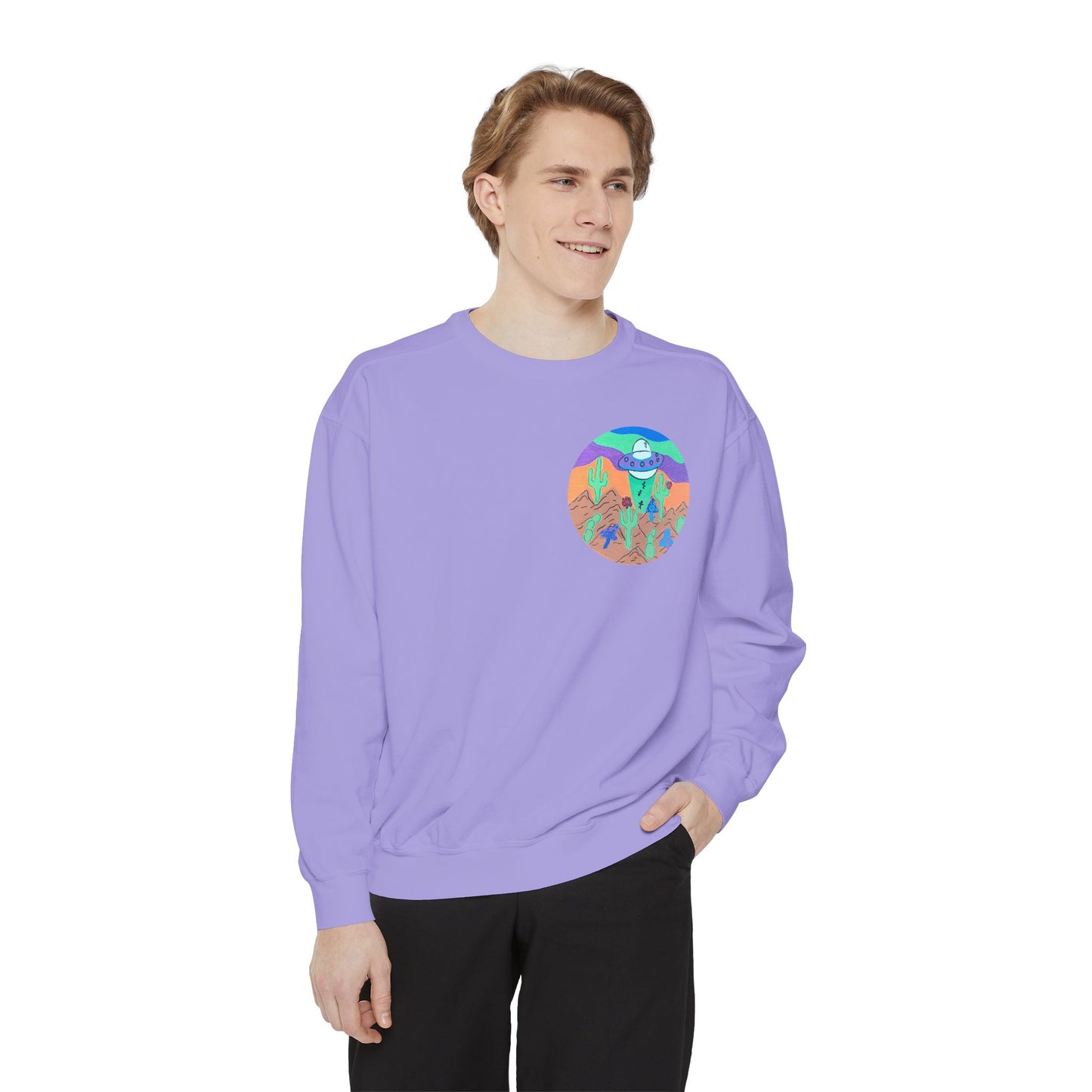 Retro Desert UFO Sweatshirt — Colorful Alien Abduction Crewneck