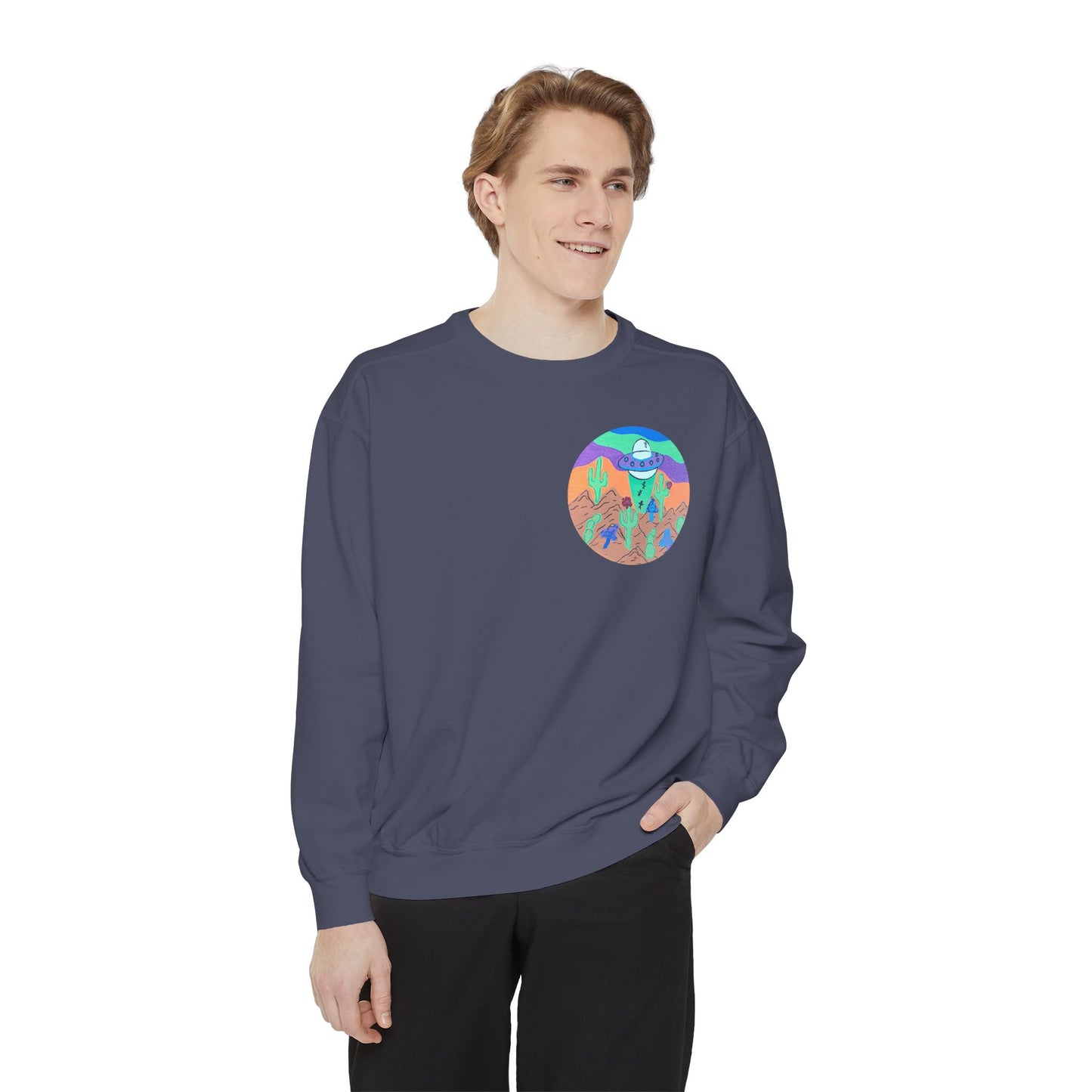 Retro Desert UFO Sweatshirt — Colorful Alien Abduction Crewneck