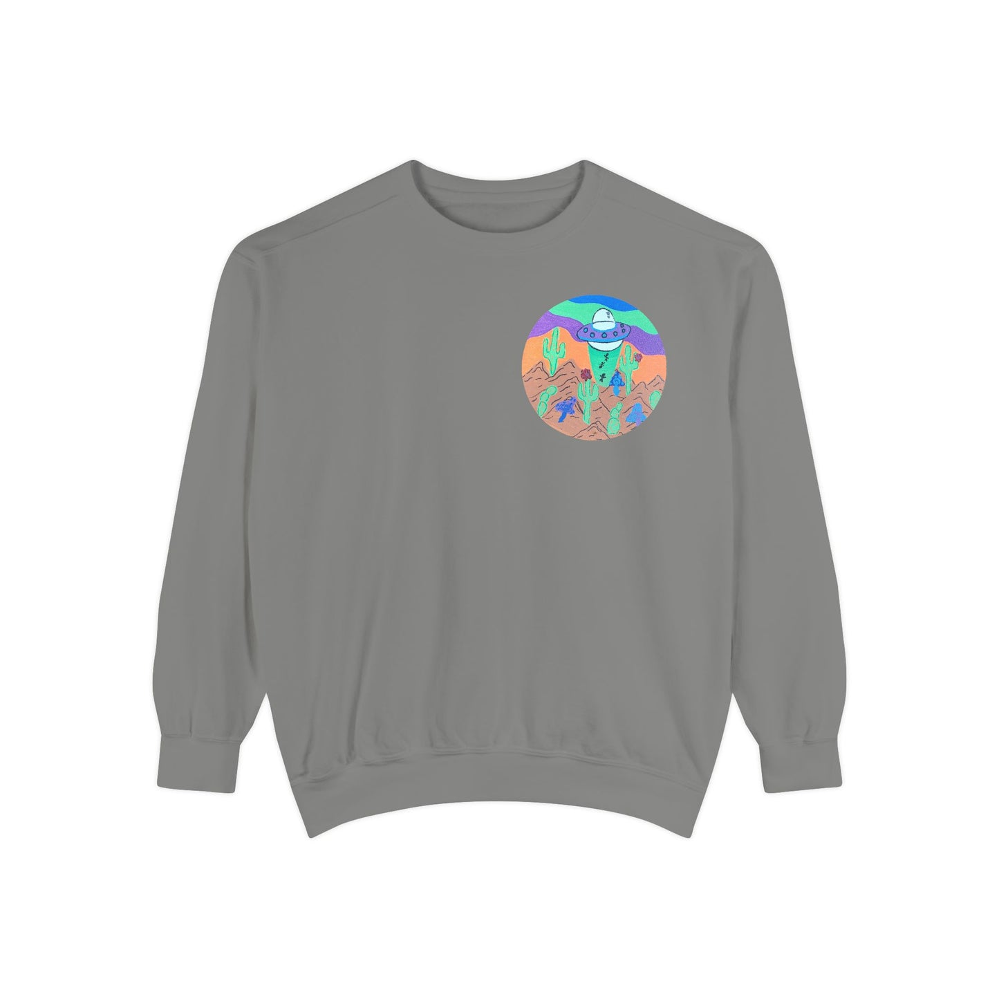 Retro Desert UFO Sweatshirt — Colorful Alien Abduction Crewneck