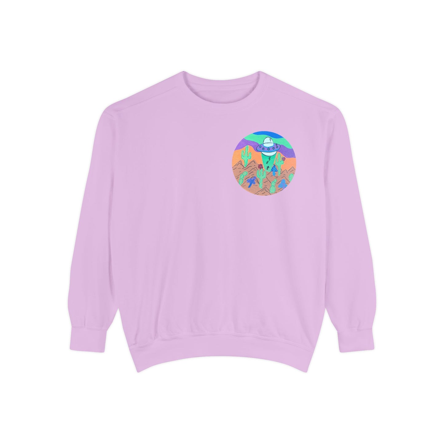 Retro Desert UFO Sweatshirt — Colorful Alien Abduction Crewneck