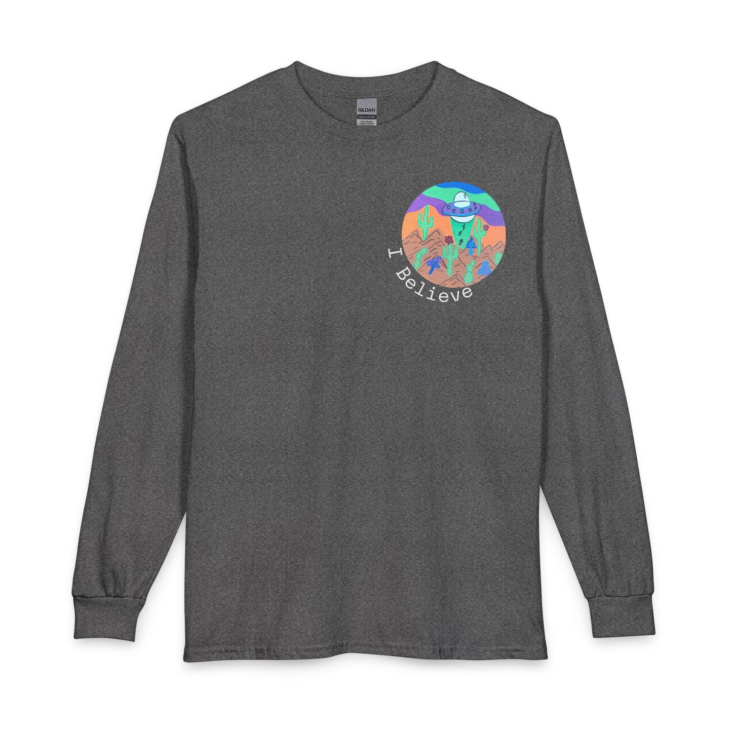 I Believe Long Sleeve Tee — Colorful UFO & Alien Graphic