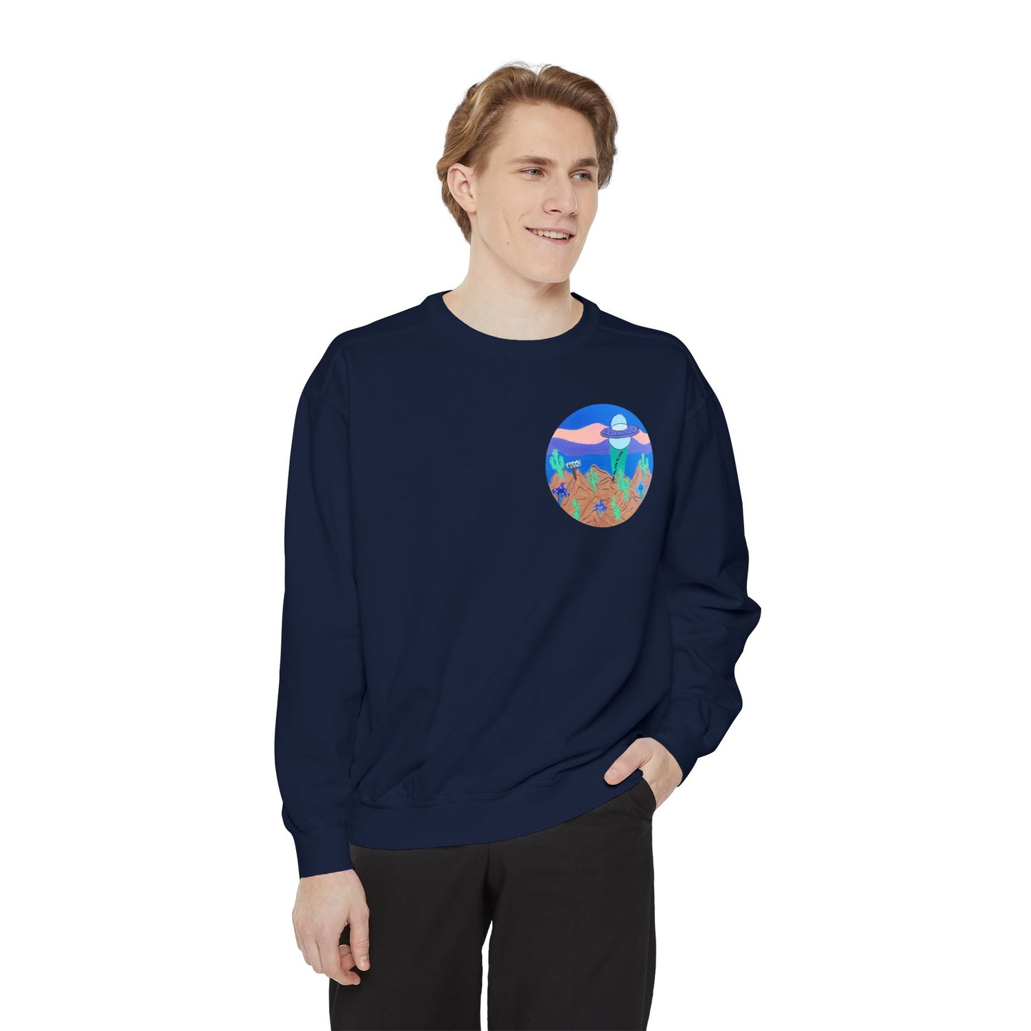 Moonlit Desert Crewneck Sweatshirt — Colorful Cactus Landscape Graphic