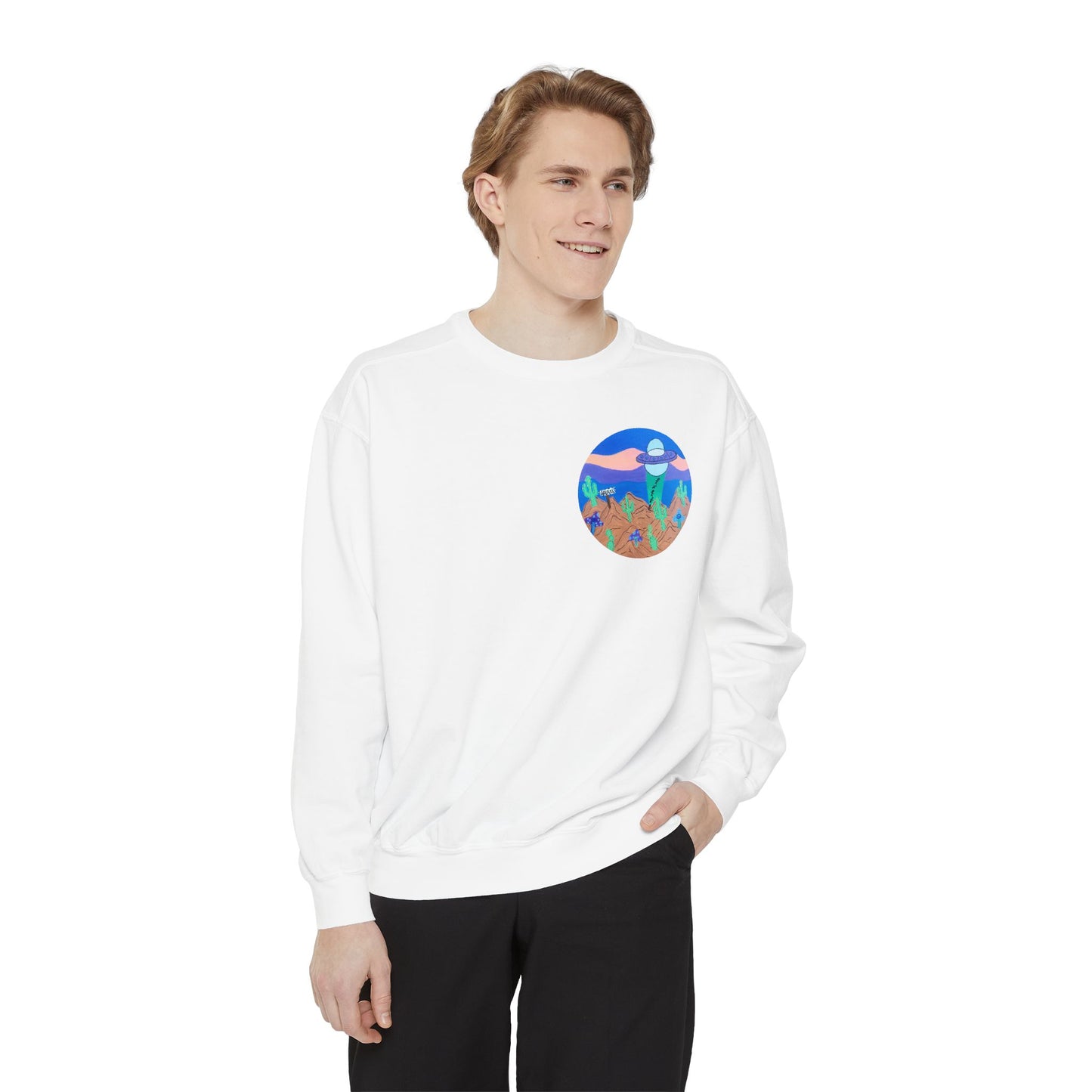 Moonlit Desert Crewneck Sweatshirt — Colorful Cactus Landscape Graphic