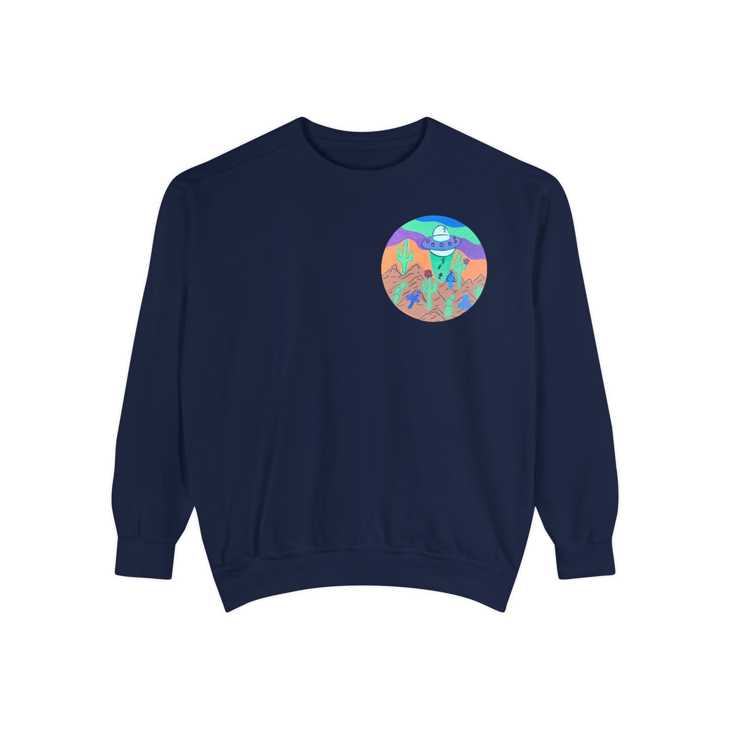 Retro Desert UFO Sweatshirt — Colorful Alien Abduction Crewneck