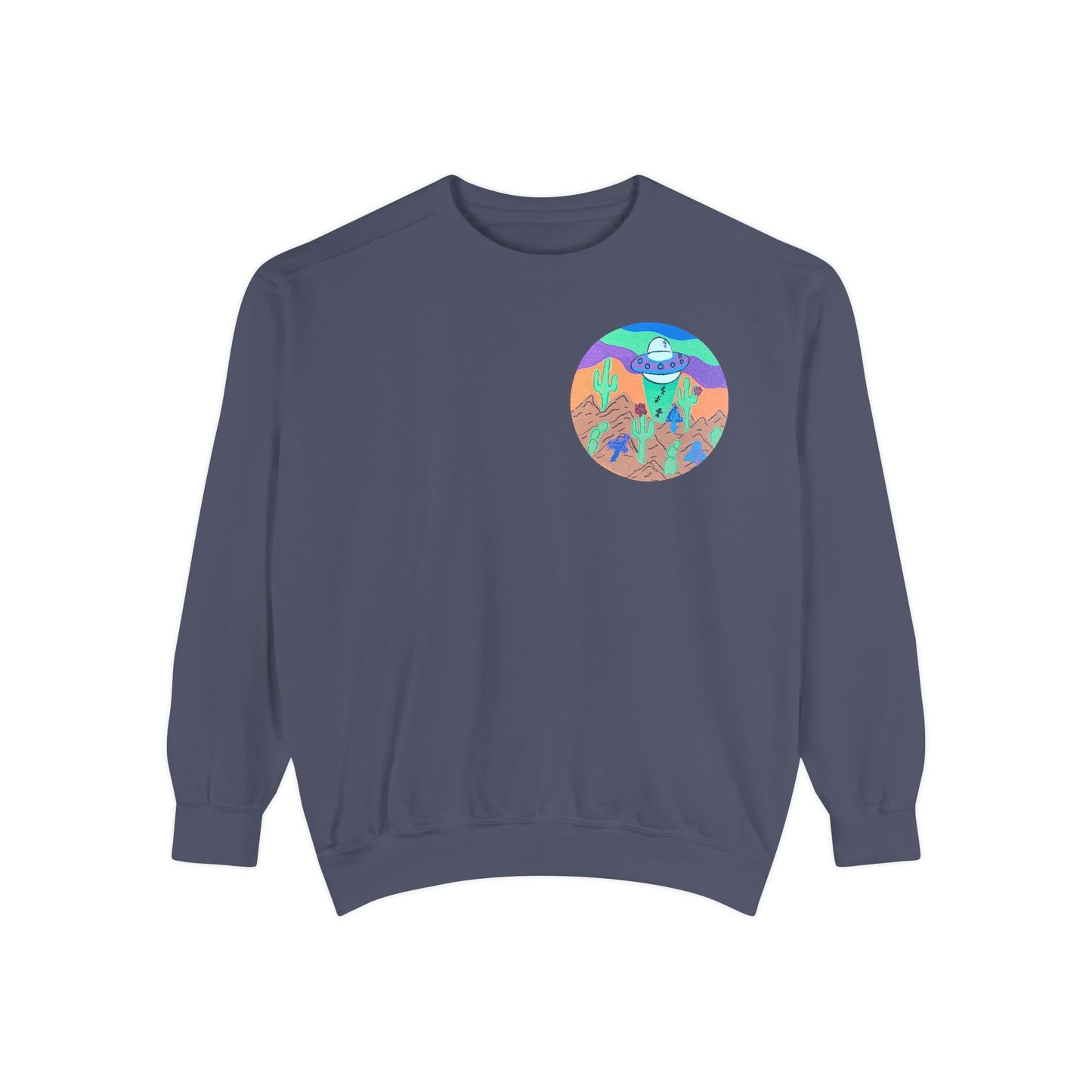 Retro Desert UFO Sweatshirt — Colorful Alien Abduction Crewneck