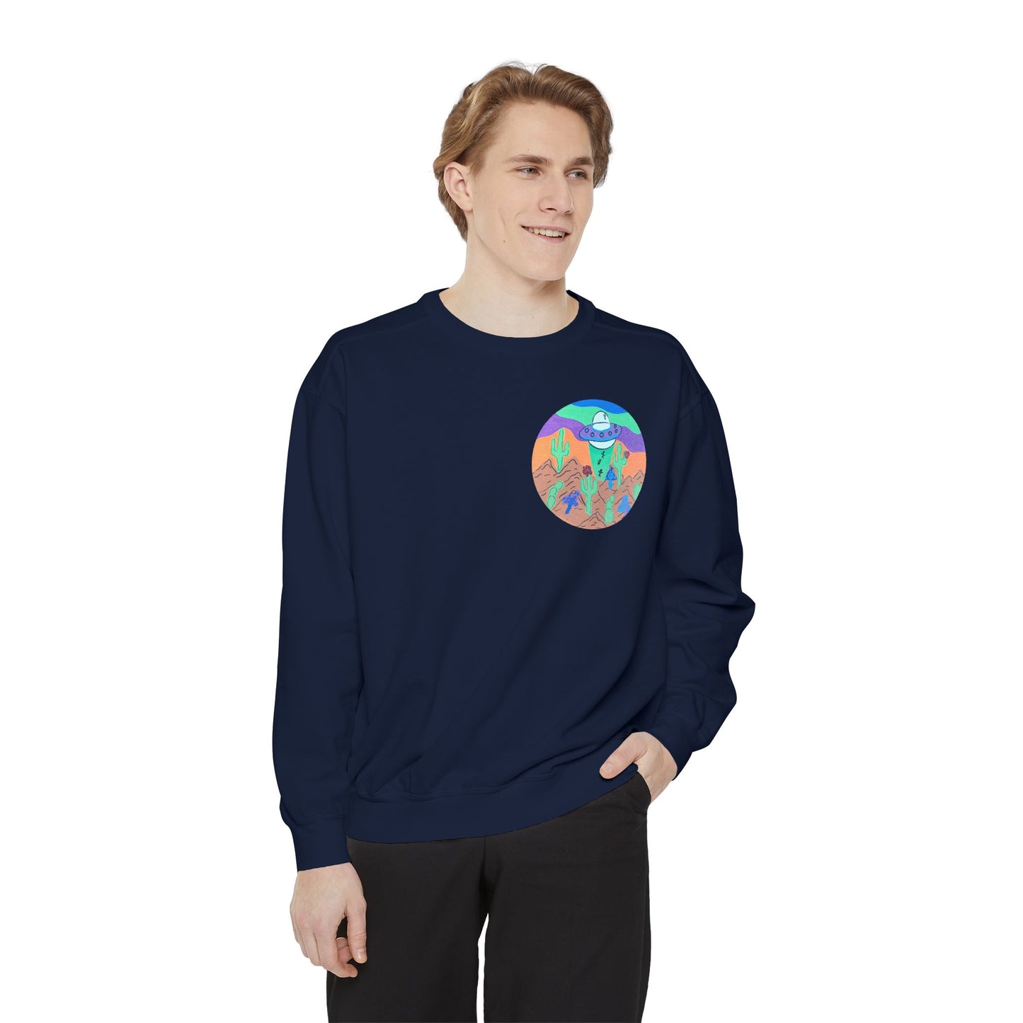 Retro Desert UFO Sweatshirt — Colorful Alien Abduction Crewneck