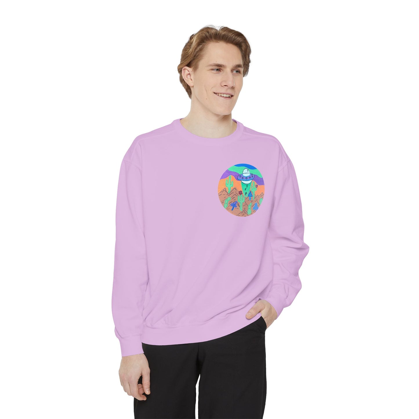 Retro Desert UFO Sweatshirt — Colorful Alien Abduction Crewneck