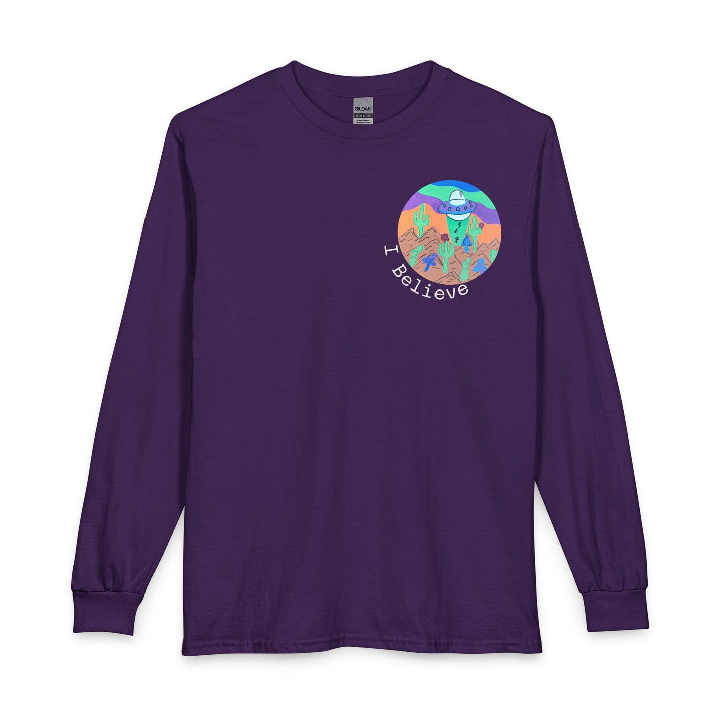 I Believe Long Sleeve Tee — Colorful UFO & Alien Graphic