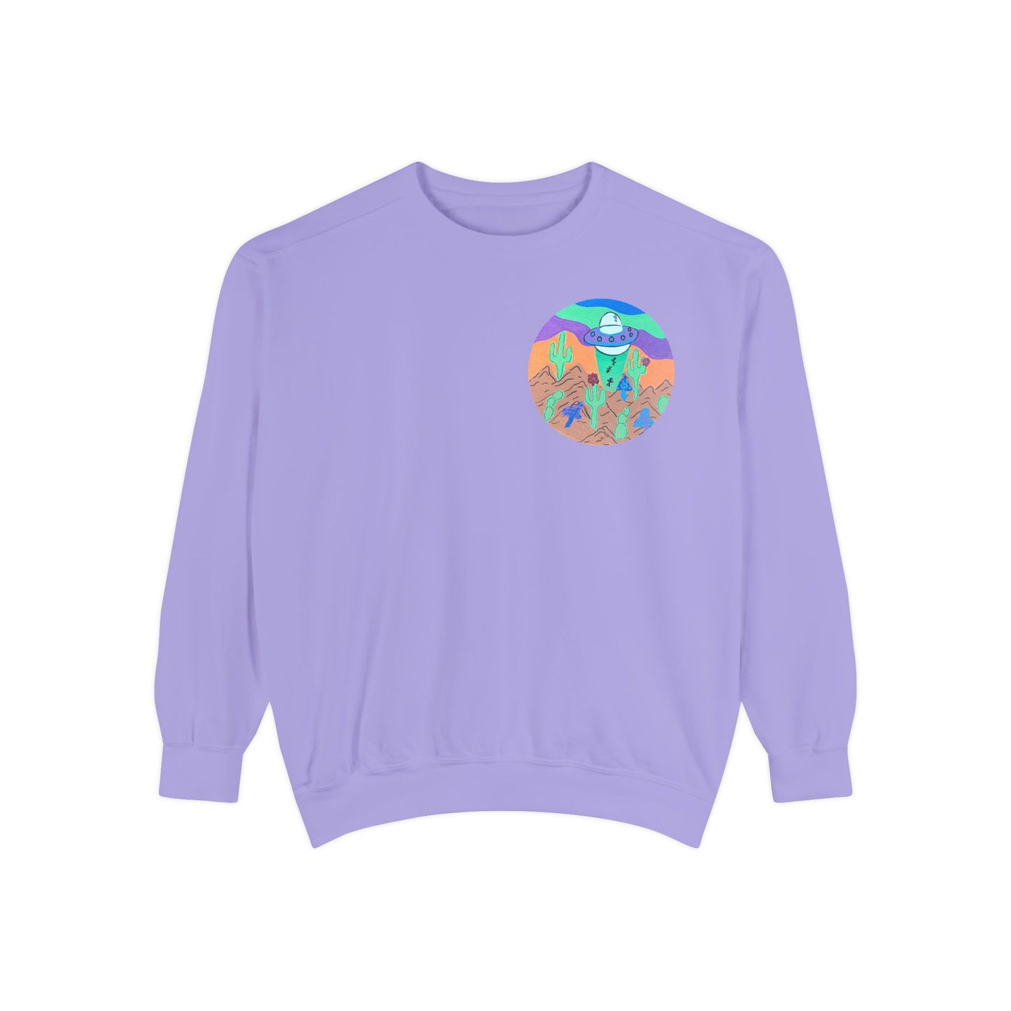 Retro Desert UFO Sweatshirt — Colorful Alien Abduction Crewneck