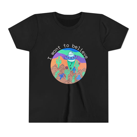 Youth Tee — 'I Believe' Alien UFO Desert Graphic