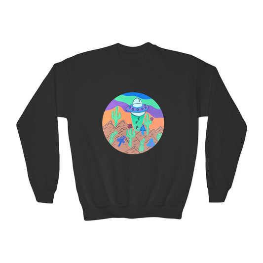 Alien Cactus Desert Youth Crewneck Sweatshirt — Colorful UFO Southwestern Graphic