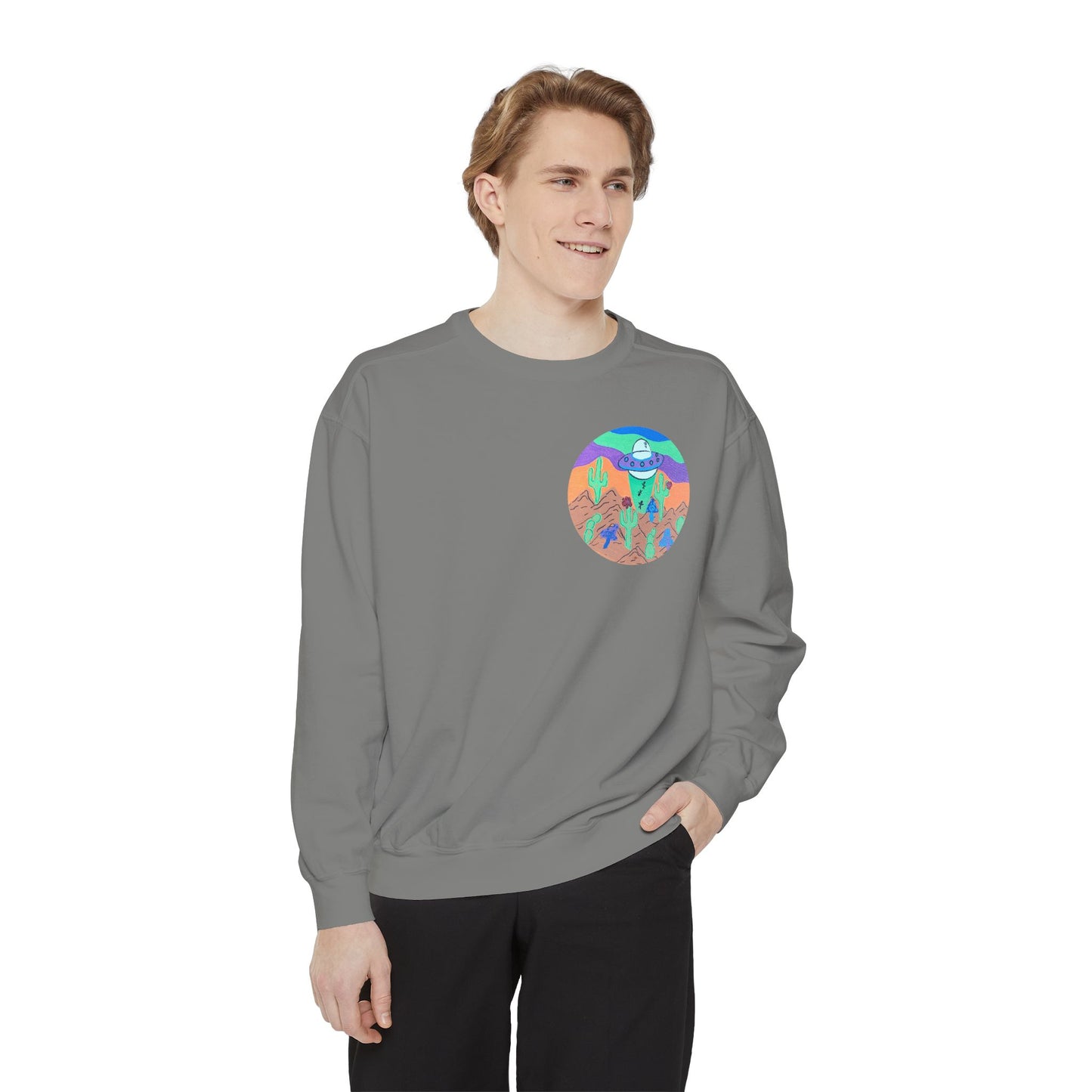 Retro Desert UFO Sweatshirt — Colorful Alien Abduction Crewneck