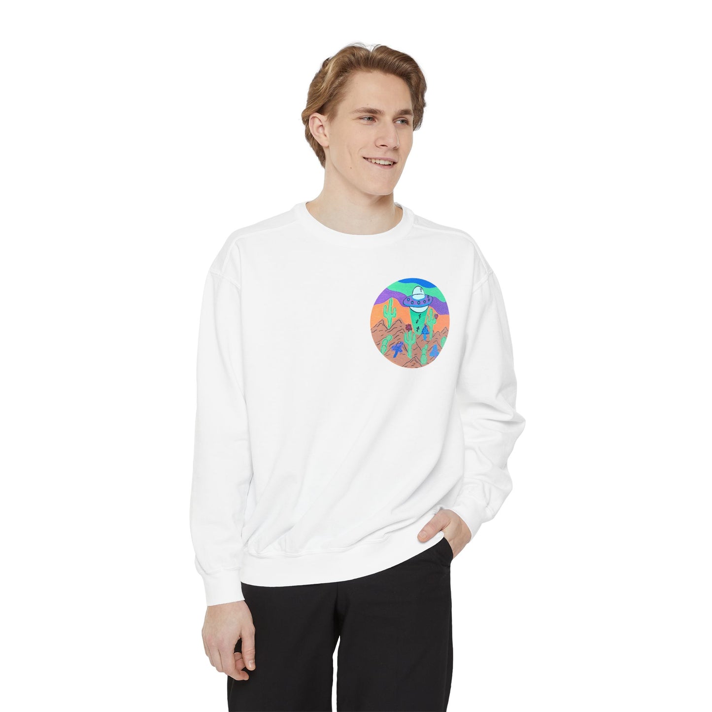 Retro Desert UFO Sweatshirt — Colorful Alien Abduction Crewneck